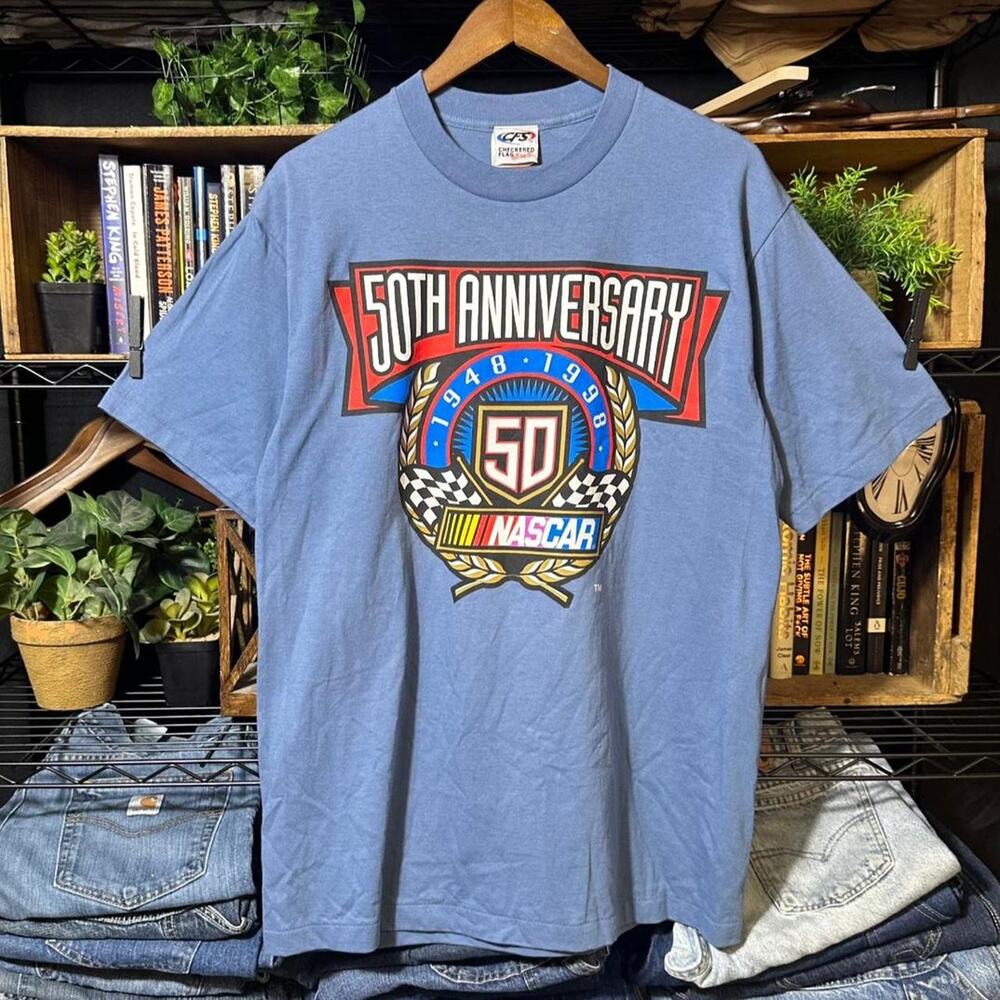 Vintage 90s Single Stitch NASCAR 50th Anniversary Tee Blue Racing Shirt 1998